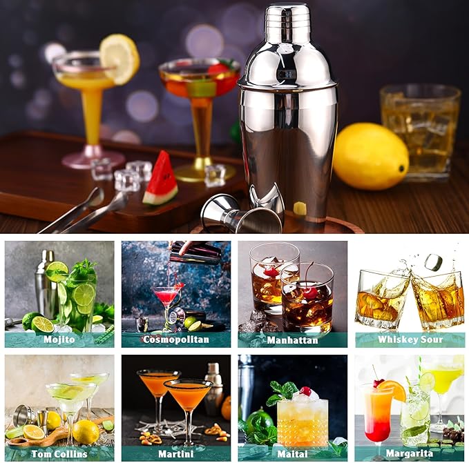Umigy Cocktail Shaker Set Martini Shaker Bulk Stainless Steel Martini Mixer with Strainer and Double Measuring Jigger for Bar Party Home Use Wine Bar Tool (18 Oz/ 550 ml,2 Packs)