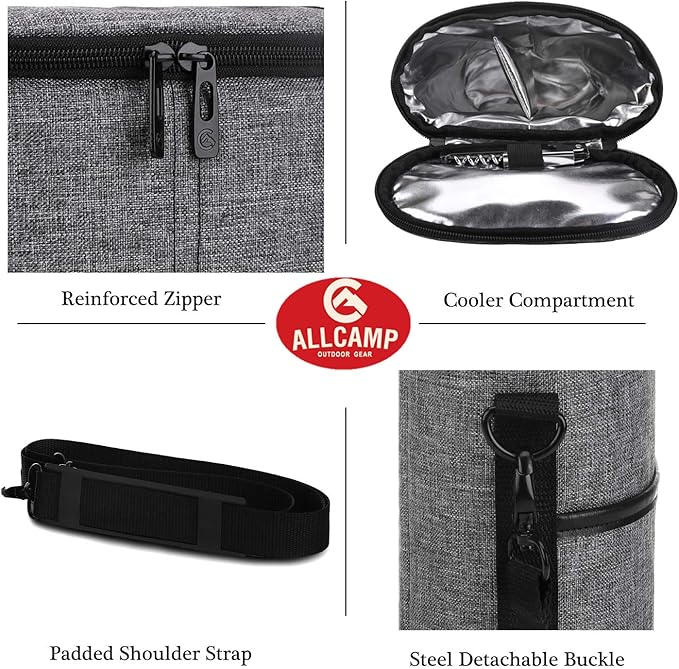 ALLCAMP 2 Bottle Wine Tote Carrier - Insulated Portable Padded Canvas Wine Bag for Travel, BYOB Restaurant, Wine Tasting, Party, Great Christmas Day Gift for Wine Lover，Gray