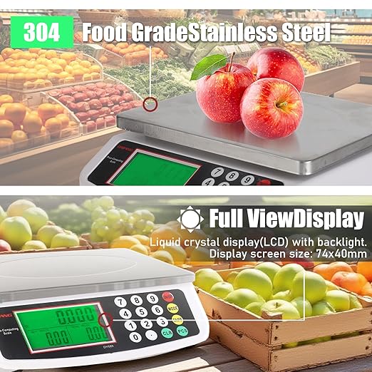 Large Digital Kitchen Scale 30KG Commercial Food Scale 66LB for Baking Bread Meat Stainless Steel Price Computing Scale LCD Display,Prep Counting Scale for Parts and Coins Adapter Included