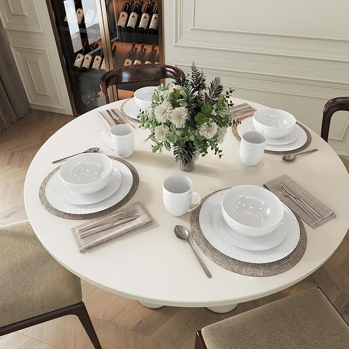 Yoshy 16-Piece White Embossed Mesh Bone China Dinnerware with Lightweight Durable Chip Resistant Design Service for 4