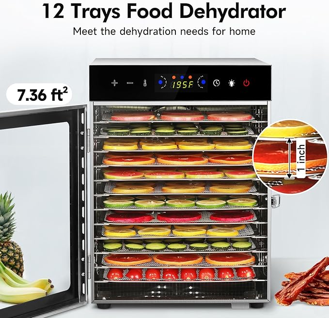 SUCICENI Food Dehydrator Machine 12 Stainless Steel Trays 1000W Meat Dehydrator for Home Use, 24H Timer & 195℉ Temperature Control Food Dryer for Jerky Fruit Herbs Mushroom Dog Treats