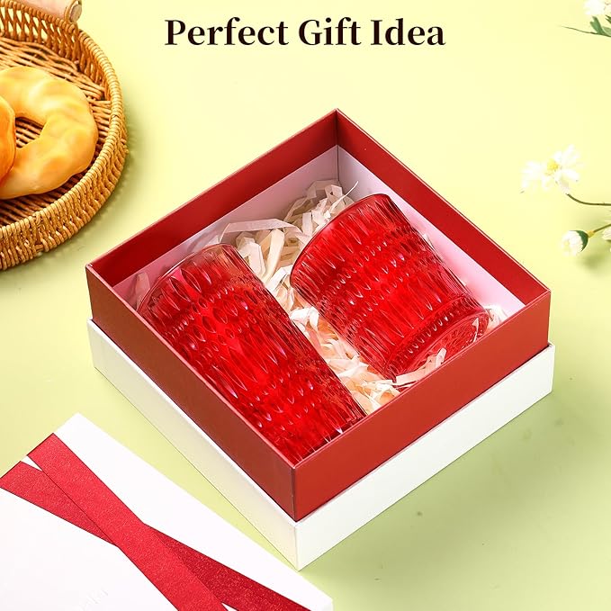 Glassware Drinking Glasses Set of 8, 14 oz Highball Glasses & 10 oz Ribbed Glass Cups, Vintage Glassware for Water, Juice, Cocktail (Christmas Red)