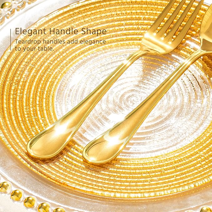 KINGSTONE 20 Piece Teardrop Silverware Set for 4, 18/10 Stainless Steel Flatware Set, Modern Design Cutlery Set for Home/Hotel/Wedding,Mirror Polished and Dishwasher Safe, Gold