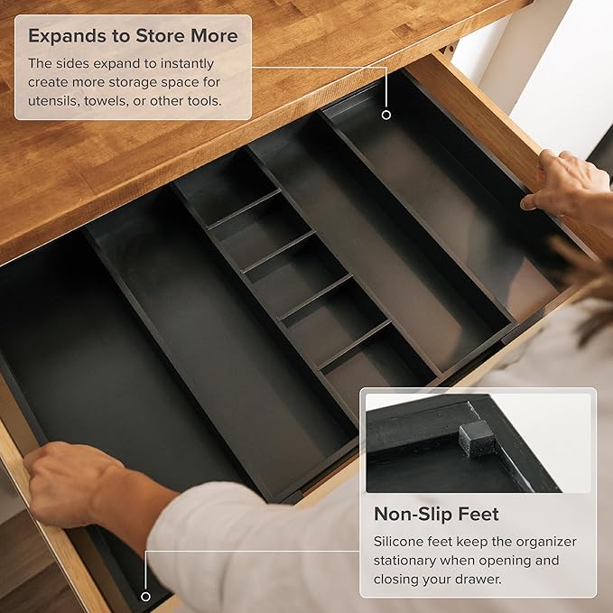 KitchenEdge Adjustable Kitchen Drawer Organizer for Utensils and Junk, Food-Safe Contract Grade with 100% Sustainable Wood, Expandable from 16 to 28 Inches Wide - Black Bamboo