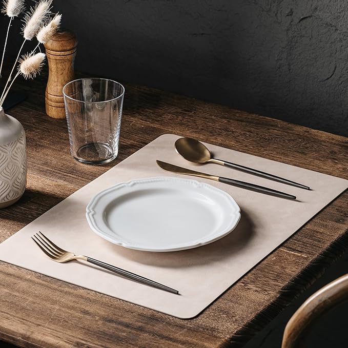 DOLOPL Placemats Set of 4 Reversible Dual-Color Table Placemats –Heat Resistant Wipeable & Washable Place Mats, Luxury Faux Leather Table Mats for Vintage Dining Table Decor (Beige&Light Grey)