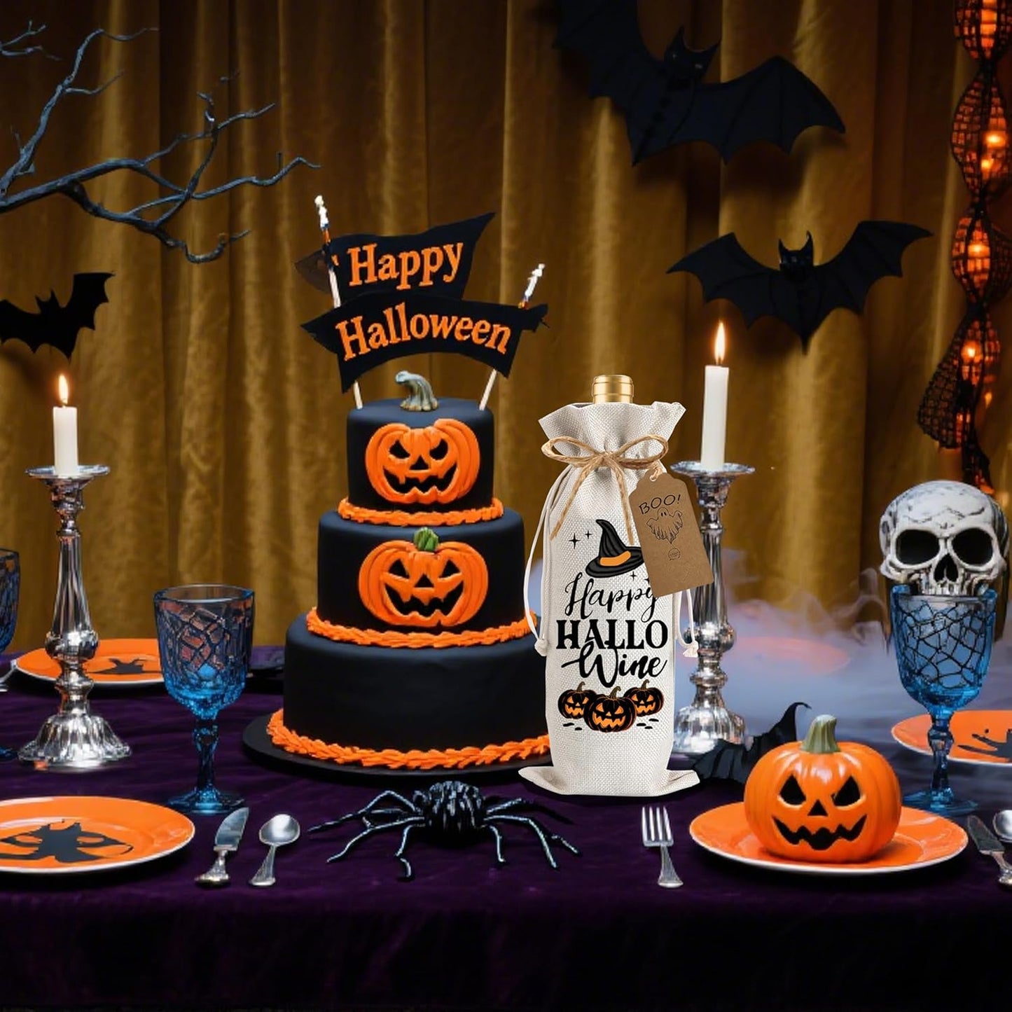 1Pcs Happy Hallo Gifts Wine Bag,Halloween Wine Bag Happy Hallo wine Halloween Gifts Party Decorations for Women Men with 1Pcs Kraft Blessing Cards and natural jute rope