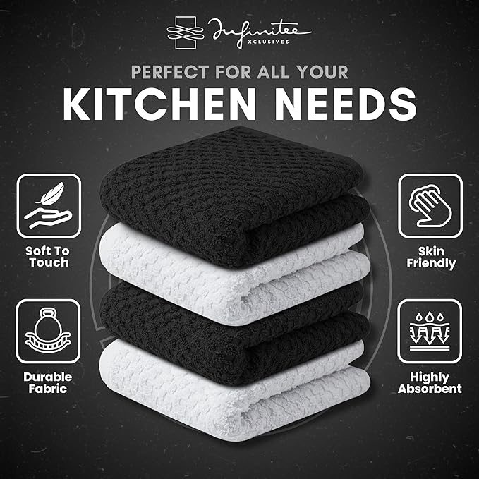 Infinitee Xclusives Premium Dish Cloth 100% Cotton 12 x 12 Inches |Pack of 4| - Ultra Soft Tea Towels - Highly Absorbent Kitchen Rags - Terry Dishcloth for Kitchen and Household Cleaning |Black|