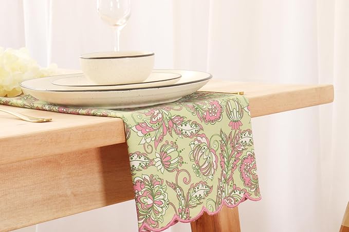 PurpleEssences Scalloped Embroidery Kalamkari Cloth Napkins Christmas Holiday Winter Table Decor 100% Cotton Set of 4-18 x 18 inch - Sage Green Edges - Blush Pink