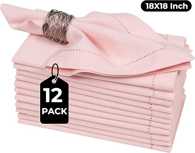 Bedding Craft Cotton Cloth Dinner Napkins Set of 12 – 18x18 Chalk Pink Hemstitched – Reusable Machine Washable Fabric Napkins for Weddings, Easter, Thanksgiving & Christmas