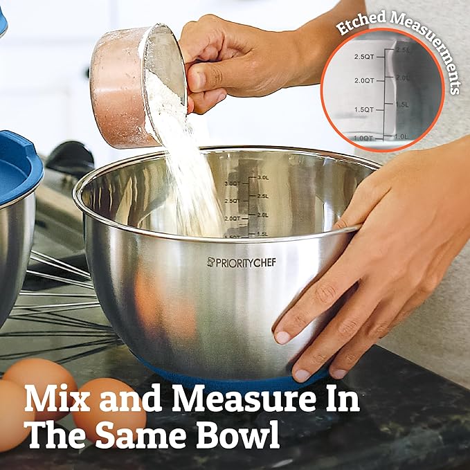 Priority Chef Premium Mixing Bowls With Airtight Lids Set, Thicker Stainless Steel Mixing Bowl Set, Large Prep Metal Bowls with Lids, Nesting Bowls for Kitchen, 1.5/2/3/4/5 Qrt, Blue