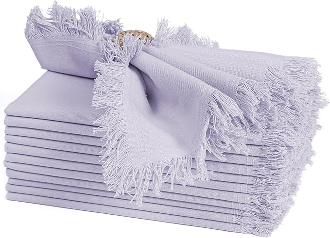 Bedding Craft Cotton Cloth Dinner Napkins Set of 12 – 18x18 Lavender Blue with Frayed Selvedge Edges – Reusable Machine Washable Fabric Napkins for Weddings, Baby Showers & Parties