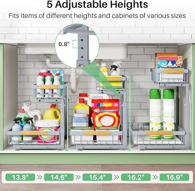 Under Sink Organizer, 2 Packs 2 Tier Under Sink Organizers and Storage, Slide out Pull out Cabinet Organizer Shelf, Metal Sliding Drawer for Kitchen Bathroom Pantry Closet Rack(Grey)