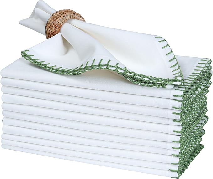 Bedding Craft Cotton Cloth Dinner Napkins Set of 12 – 18x18 Salted Lime Green Cloth Napkins with Blanket Stitch Selvedge – Durable Washable Wedding Napkins for Dining Table, Banquets & Everyday Use
