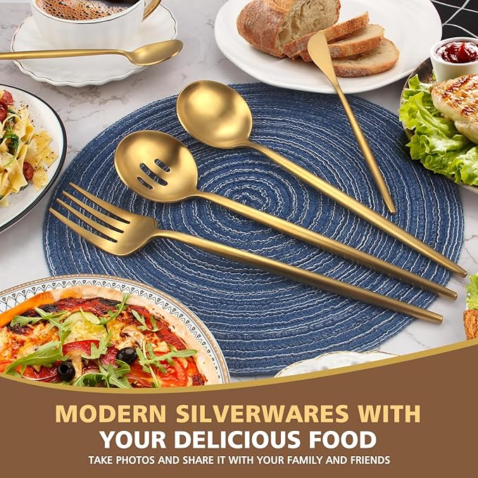 Matte Gold Serving Set，Oliviola 5-Piece Stainless Steel Large Hostess Set with Round Edge, Satin Finished, Dishwasher Safe -Large Spoon, Large Fork,Butter Knife，Sugar Spoon & Slotted Spoon