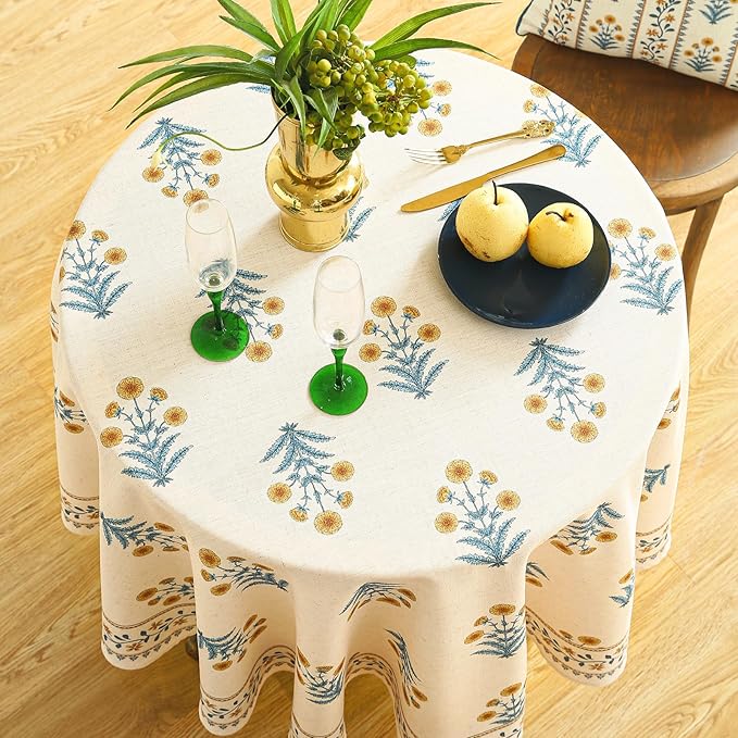 French Tablecloth for Round Tables,Linen Table Cloth with Yellow Flowers and Leavs Pattern,Heavy Durable Table Cover for Dining Thanksgiving Kitchen Decor Party Christmas,Diameter 55"