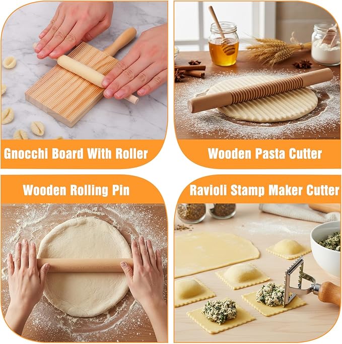 7 Pcs Gnocchi Pasta Making Tools kit Wooden Threaded Rolling Pin Ravioli Stamp Pasta Dumpling Noodle Maker Cutter Homemade Kitchen Gift for Baking Lovers Kitchen DIY
