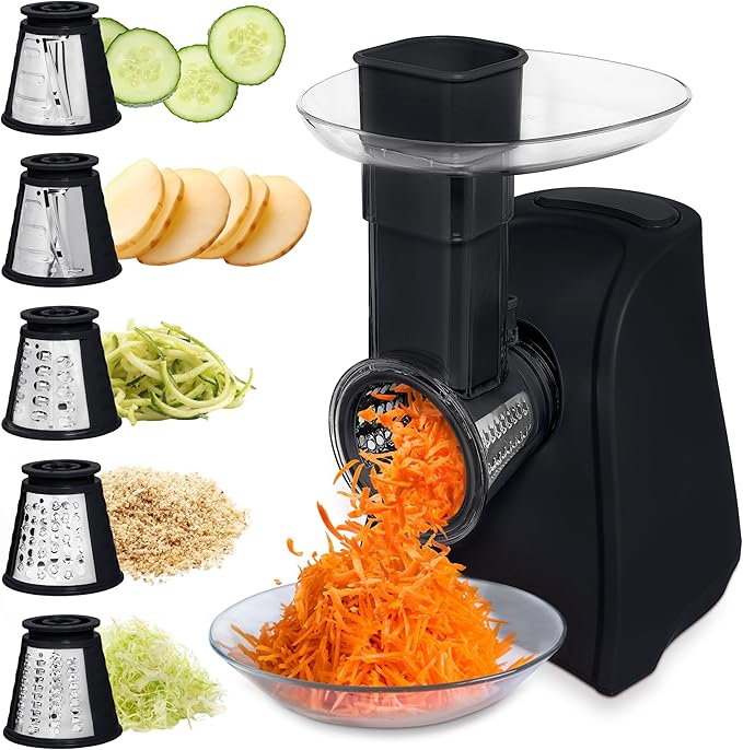 COOK WITH COLOR 5-in-1 Electric Slicer, 150W Food Prep Machine – Cheese Shredder, Fine & Coarse Graters, Potato Grater, Vegetable Slicer, Fruit, Salad Shooter, Compact Design for Bowl Prep, Black