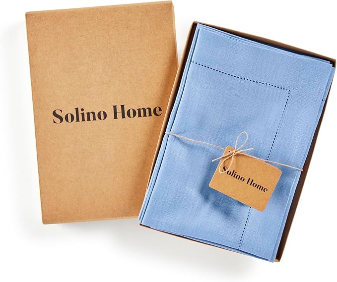 Solino Home Linen Cloth Napkins Set of 4-100% Pure Linen Cornflower Blue Dinner Napkins 20 x 20 Inch - Classic Hemstitch, Handcrafted and Machine Washable - Christmas, Holiday