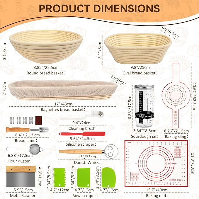Sourdough Starter Kit, Banneton Bread Proofing Basket, Sourdough Bread Baking Supplies-Sourdough Starter Jar& 9" Round & 10" Oval & 17" Baguette Sourdough Proofing Basket, Sourdough Banneton Bowls