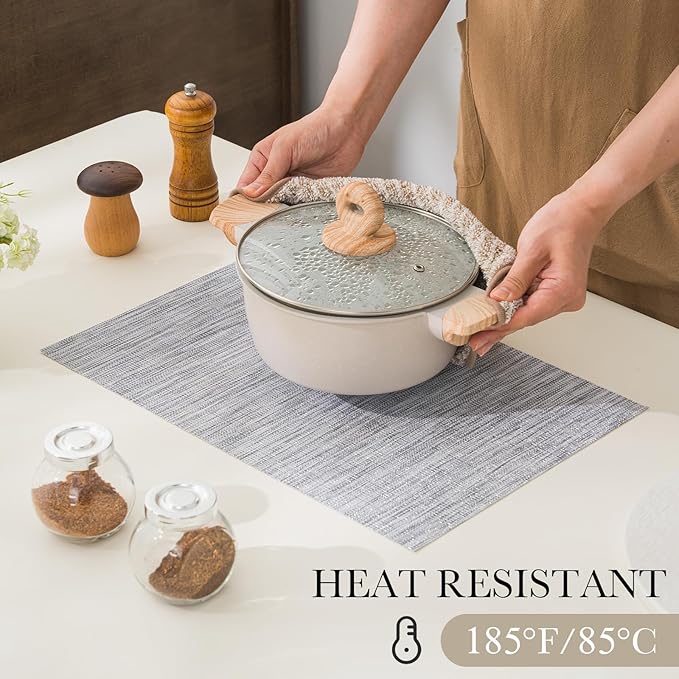 BACKTOEDEN Placemats Set of 8 Heat Resistant Washable Wipeable Placemats Woven Non-Slip Foldable Vinyl/Plastic Placemat Indoor/Outdoor Place Mats Kitchen Dining, Gray Silver Line