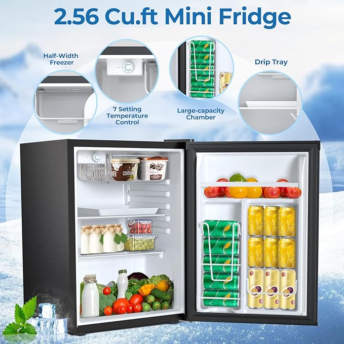2.56 Cu.ft Compact Refrigerator with Reversible Single Door, Silver
