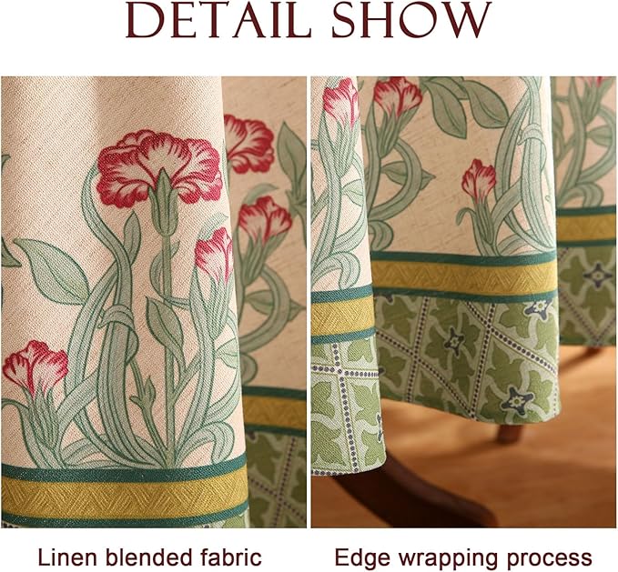patdrea Designer Green Tablecloth for Round Tables,Vintage Linen with Leaves and Flowers Pattern Tablecloths,Farmhouse Floral Table Cover Cloth Decor for Kitchen Dining Christmas,Diameter 67"