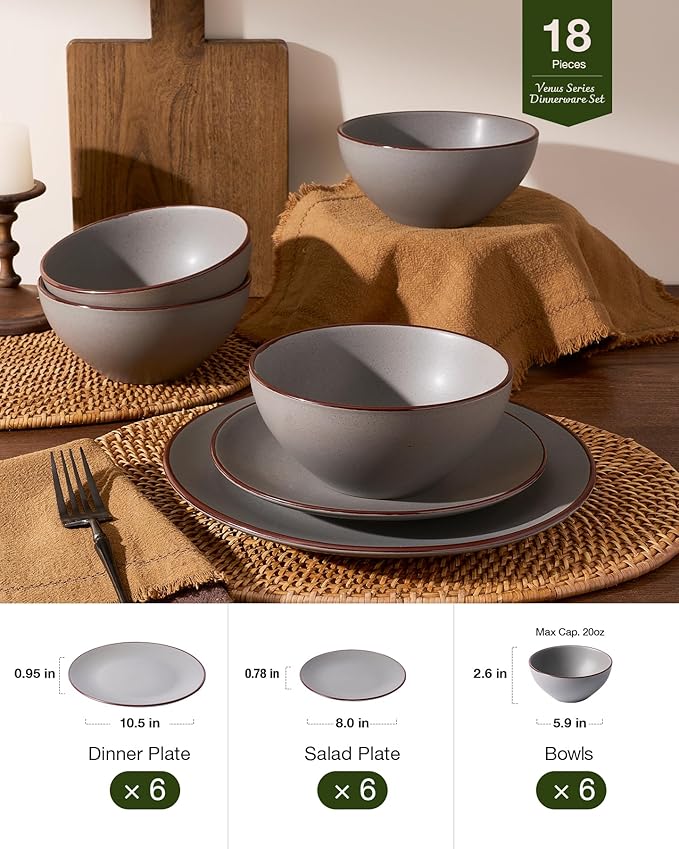 Famiware Venus Plates and Bowls Sets, 18 Pieces Stoneware Dinnerware Sets, Speckled Dishes Set for 6, Microwave and Dishwasher Safe, Matte Dark Grey