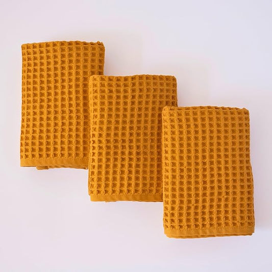 PÜSKÜL Organic Waffle Kitchen Towel 100% Turkish Cotton Set of 3 Mustard Yellow - Premium Quality, Soft, Quick-Dry, Absorbent, Lint-Free Hand Towels 32X16 Inches (3, Mustrad Yellow)