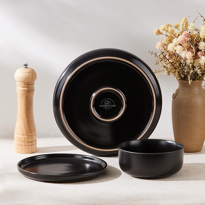 Herogo 24 Pieces Stoneware Dinnerware Set Service for 8, Dinner Plates and Bowls Sets, Double Reactive Glaze Dishes Set for Kitchen, Scratch Resistant, Microwave & Dishwasher Safe, Matte Black