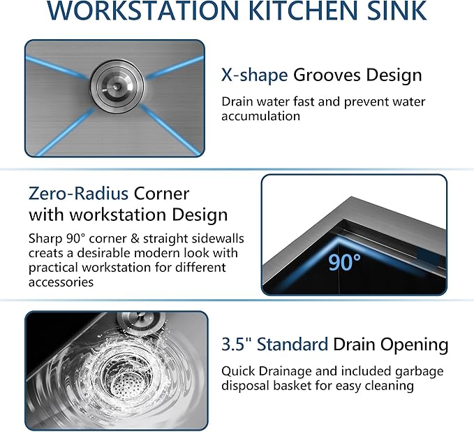 30 Inch Black Drop In Kitchen Sink, Doirteal 30x22 Inch Black Workstation Sink Topmount 16 Gauge Stainless Steel Single Bowl Kitchen Sinks BL19S-1