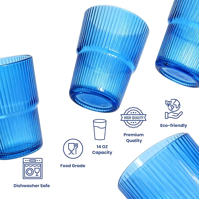 Ribbed Drinking Cups Set of 4-14oz Blue Highball Glass, Stackable Vintage Tumblers for Cocktails, Iced Coffee, Juice & Water, Elegant Everyday Glassware