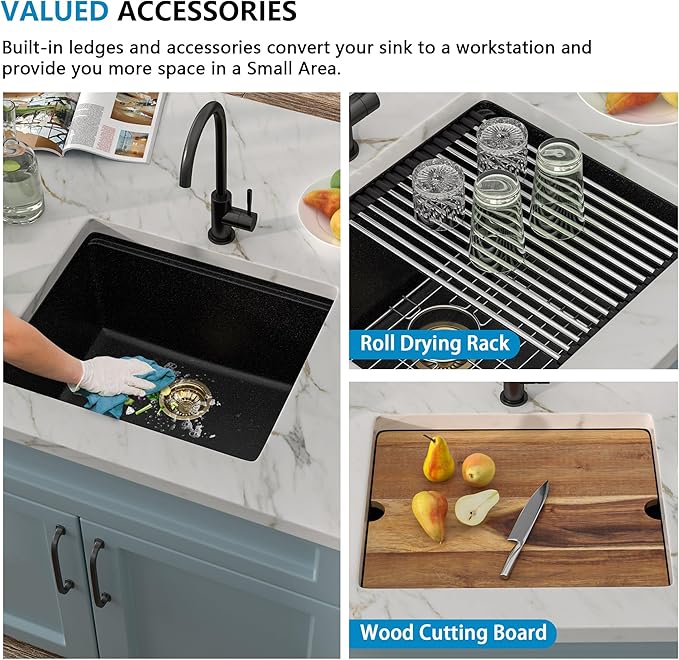 21 Undermount Bar Sink Workstation - Fulorni 21"x18" Undermount Wet Bar Sink Matte Black Granite Composite Quartz Classic Single Bowl Under Counter Small Kitchen Bar Prep RV Sink Basin