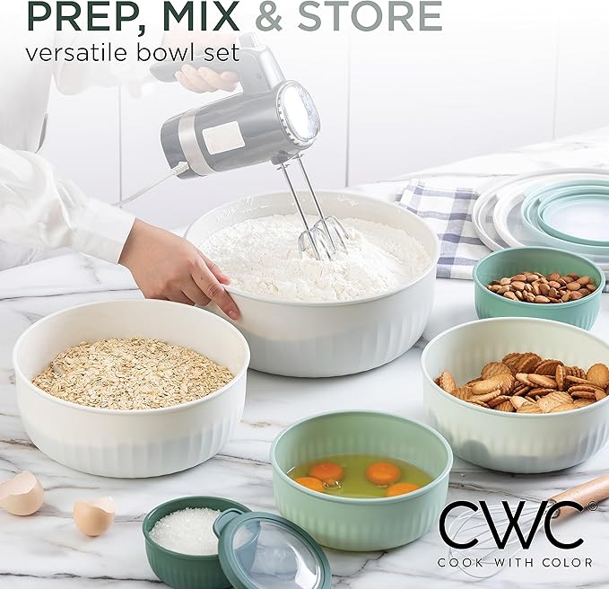 COOK WITH COLOR Prep Bowls with Lids- Wide and Deep Nesting Plastic Small Mixing Bowl Set with Lids, 12 Piece Set - Wide Bowls, Green