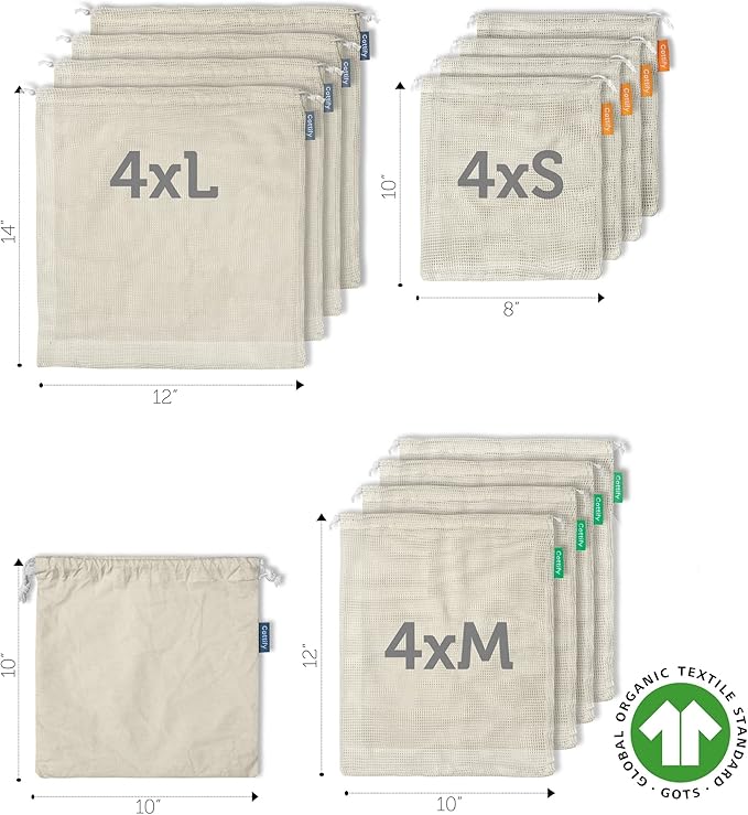 12+1 Reusable Produce Bags Grocery Washable, Organic Cotton Mesh Produce Bags, Double-Stitched & Tare Weigh, Mesh bags for vegetables, Cotton Produce Bags Reusable Washable, Produce bag 4xS, 4xM, 4xL