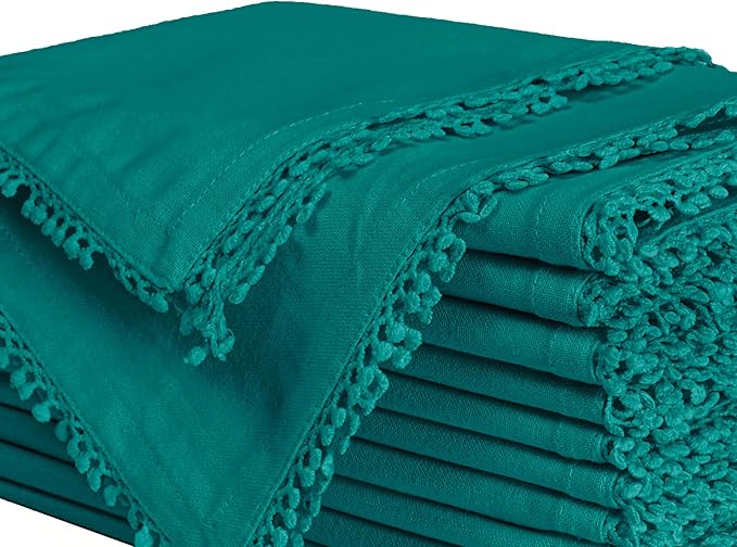 Bedding Craft Cotton Cloth Dinner Napkins Set of 12 – 18x18 Funfare with Decorative Lace Selvedge – Elegant Machine Washable Fabric Napkins for Weddings, Baby Showers, Parties & Dining