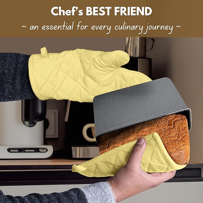 Native Fab 4 Piece Set - 2 Oven Mitts & 2 Potholders, Heat Resistant, 100% Cotton, Quilted Design, Non-Slip Grip, Machine Washable, Ideal for Baking, Cooking, BBQ, Kitchen Protection - Pale Yellow