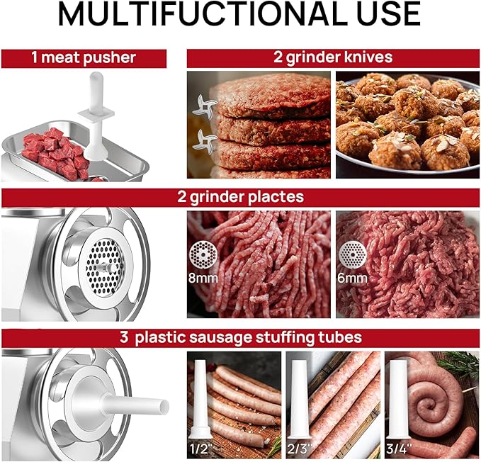 TK #22 Electric Heavy Duty Meat Grinder, 1.2 HP Stainless Steel Meat Mincer with 2 Grinder Knives, 2 Grinder Plates & 3 Sausage Stuffing Tubes, Meat Grinder for Home Kitchen Use