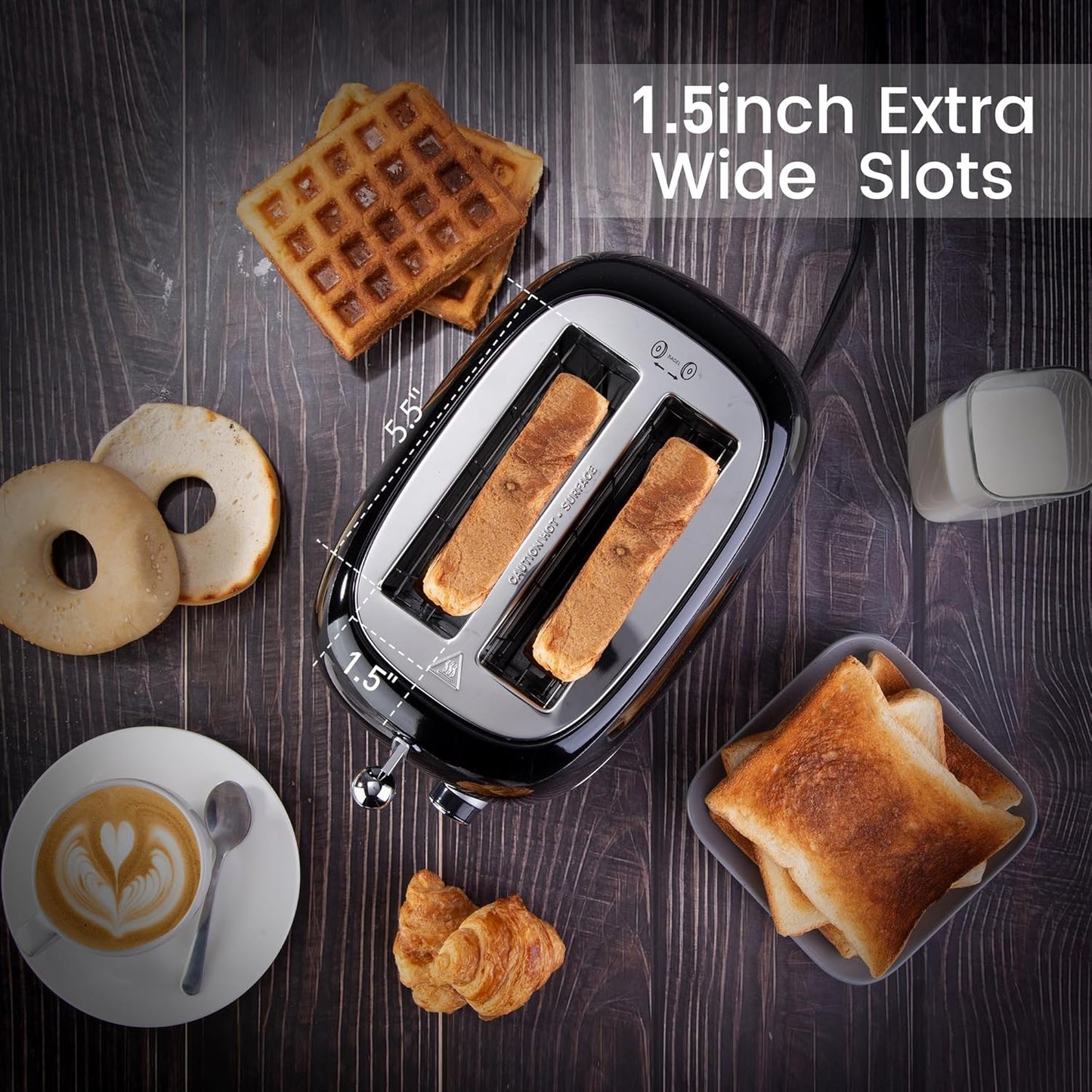 2 Slice Toaster Retro Stainless Steel with Bagel, Cancel, and Defrost Functions, 6 Bread Shade Settings, Extra Wide Slots and Removable Crumb Tray, Black