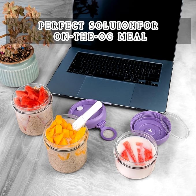 Container Food Overnight Oats Containers with Lids, Folding Spoons 26 oz Plastic Mason Jars Containers with Lids Portable Cereal and Milk Container on The Go (purple Oatmeal Cup)
