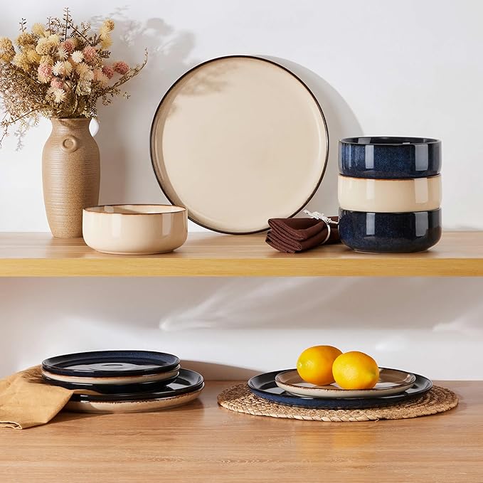 Herogo 12 Pieces Stoneware Dinnerware Dishes Set for 4, Kitchen Dining Plates and Bowls Sets, Double Reactive Glaze, Microwave & Dishwasher Safe, Scratch Resistant, Starry Blue & Cream Khaki