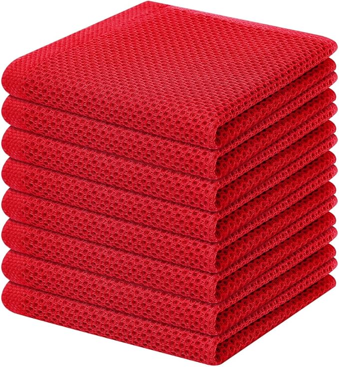 Homaxy 100% Cotton Waffle Weave Kitchen Dish Cloths, Ultra Soft Absorbent Quick Drying Dish Towels, 12 x 12 Inches, 8-Pack, Red