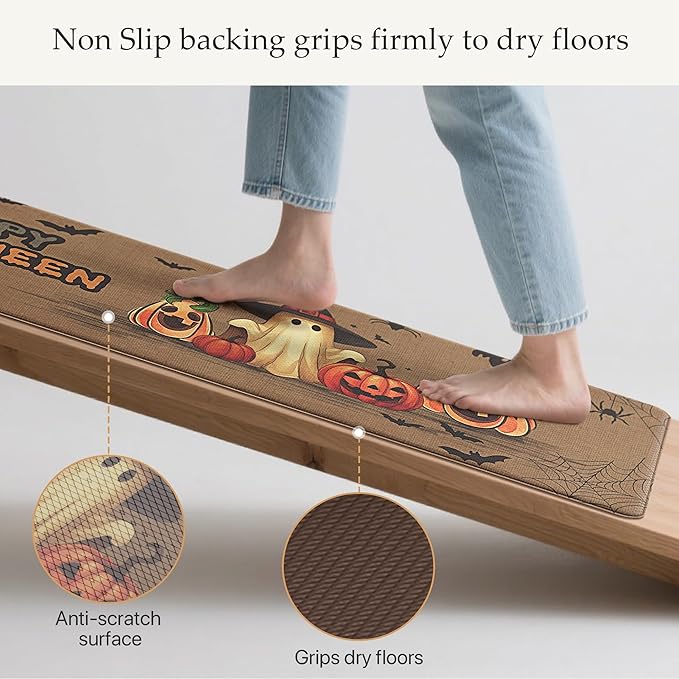 GENIMO Halloween Decorations - Kitchen Mats for Floor, 2PCS Kitchen Rugs, Cushioned Anti Fatigue Mat for Home Decor, Waterproof Non-Slip Comfort Standing Mat for Laundry, 17.3"x59"+17.3"x30", Brown