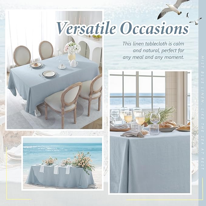 Linen World Blue Linen Tablecloth - 100% French Linen Table Cloth 132" x 90" Inch,Washable Rectangular Tablecloth for Dining,Outdoor,Weddings and Restaurants,Decorative Valentine Easter - Mist Blue