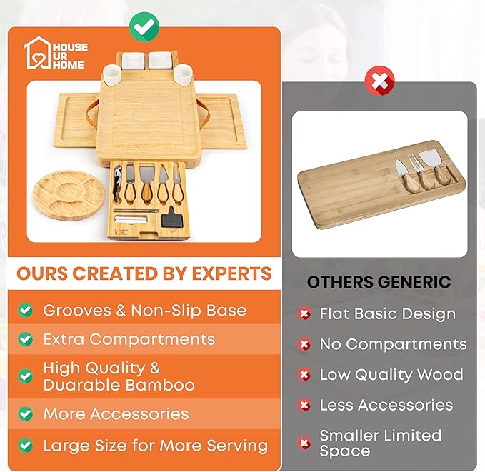 Large Bamboo Charcuterie Boards Gift Set with 4 Hidden Drawers, Cheese Knives, Ceramic Bowls & Plates, Recipe Book, Perfect House Warming Gifts New Home