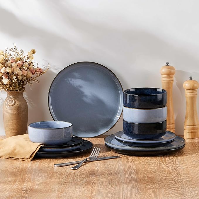 Herogo Stoneware Plates and Bowls Sets for 4, 12 Pieces Modern Dinnerware, Reactive Glaze Dishes Set for Kitchen, Chip Resistant, Microwave & Dishwasher Safe, Starry Blue & Haze Blue