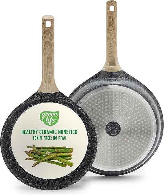 GreenLife Nonstick 2 Piece Frying Pan Set, 9.5" & 11" Skillets Ceramic PFAS-Free Nontoxic, Induction Suitable, Wood Print Handles, Stay-Cool Handles, Deep Cooking Skillets, Egg Pan, Granite Black