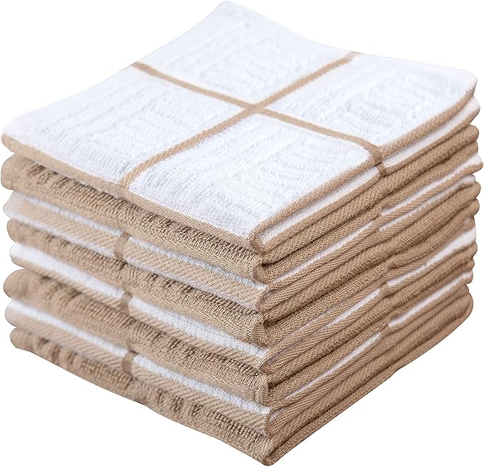 Sticky Toffee Cotton Dishcloths Set of 8 – 12x12 in Tan and White Dish Towels, Reusable and Absorbent Tea Towels for Cleaning or Drying, Oeko-Tex Cotton