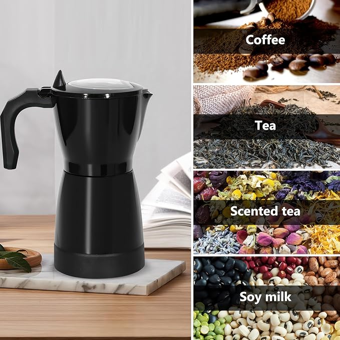 AOZBZ Coffee Pot Electric Espresso Coffe Maker, 300ml 6 Cups Stainless Steel Moka Pot with Overheat Protection and Detachable Base, Portable Italian Moka Maker, 450W, Black