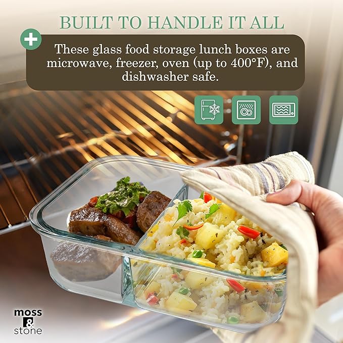 Moss & Stone 4-Pack Divided Kitchen Glass Food Storage Containers Set with Lids – Reusable 2-Compartment Glass Meal Prep Containers for Kitchen, Lunch or Fridge, Airtight Snap-Lock – 2 Sizes Included