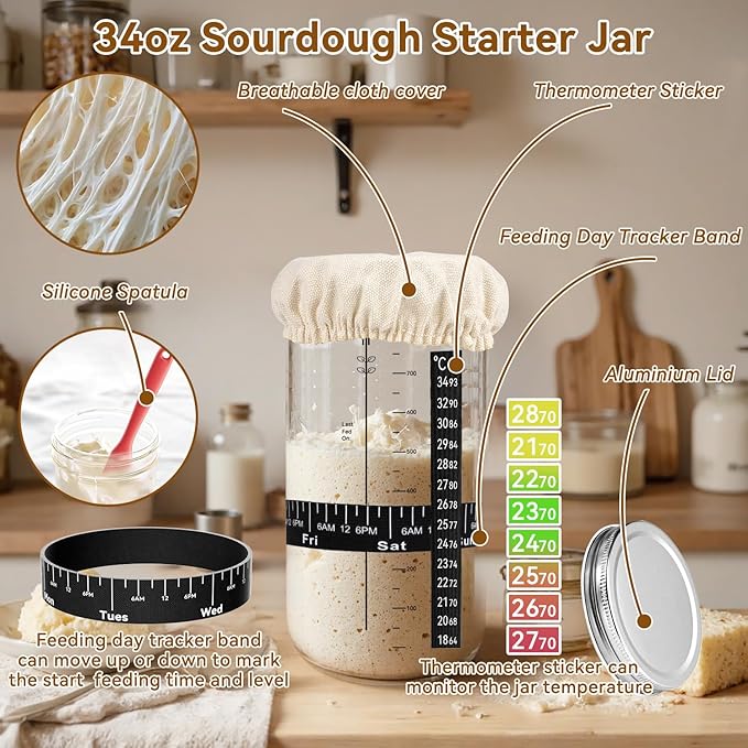 24 PCS Sourdough Starter Kit w/ 34oz Sourdough Starter Jar, Sourdough Bread Baking Supplies 9" Round & 10" Oval Silicone Banneton Bread Proofing Baskets & Baking Tools Set, Ideal Gift for Baking Gift